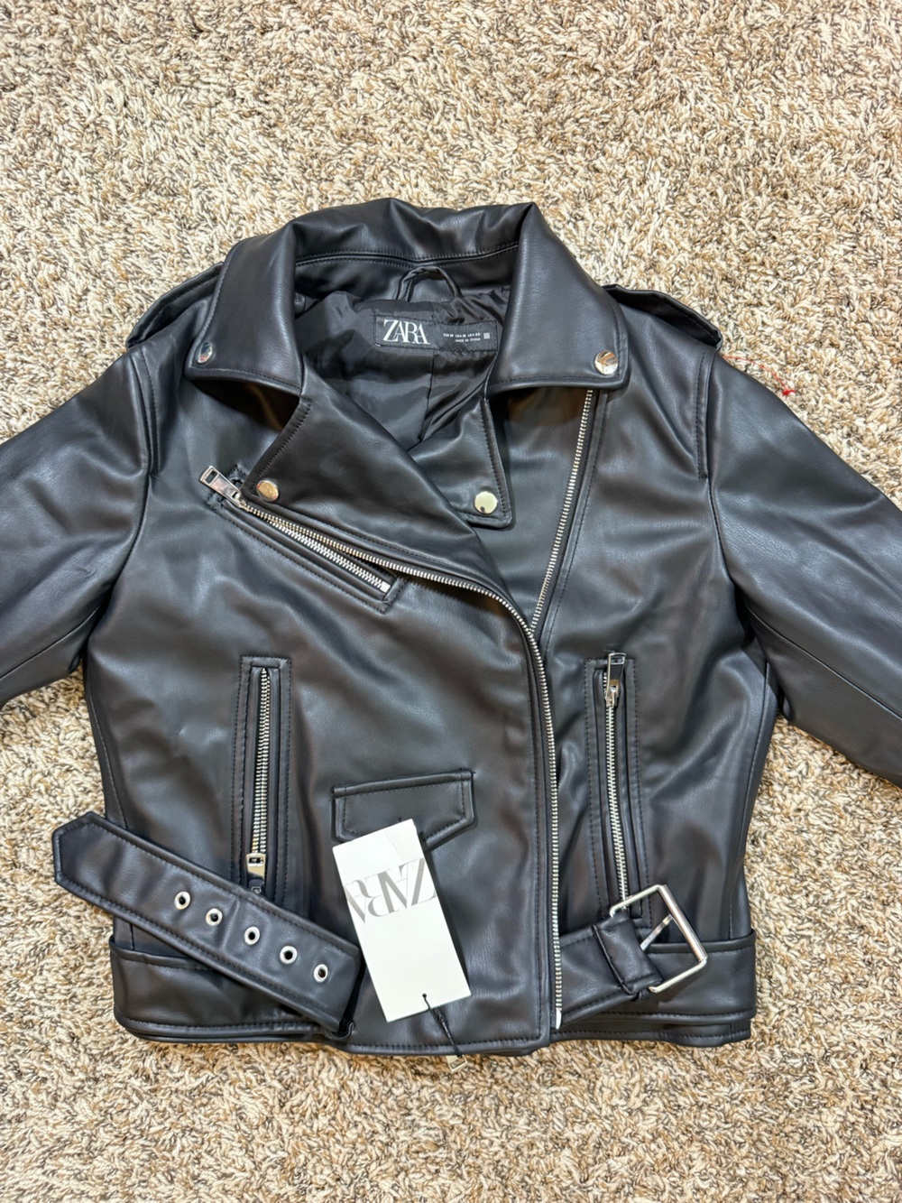 ZARA Black Faux Leather Moto Jacket with Silver Hardware